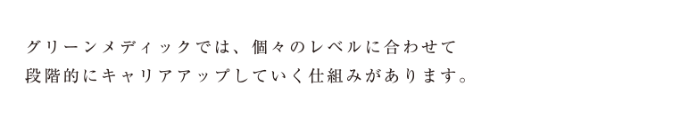 グリーンメディックでは、個々のレベルに合わせて段階的にキャリアアップしていく仕組みがあります。